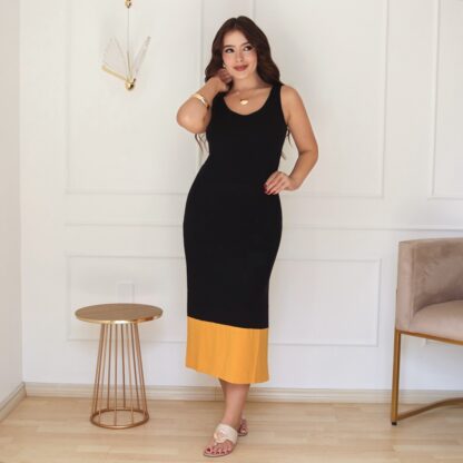 Vestido Regata Midi Bicolor em Malha de Viscose Elastano  - Preto/Mostarda