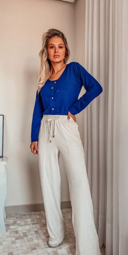 Calça Wide Leg Malha de Viscose e Elastano - Azul - Image 3