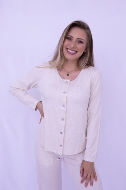 Blusa Botões Malha Viscose com Linho