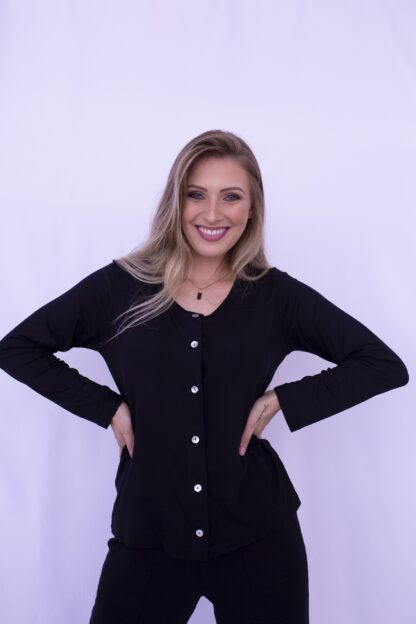 Blusa Botões Malha Viscose com Elastano Preto