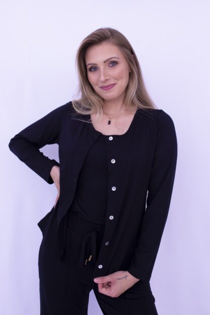 Blusa Botões Malha Viscose com Elastano Preto - Image 4