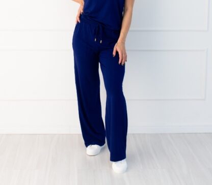 Calça Wide Leg Malha de Viscose e Elastano - Azul