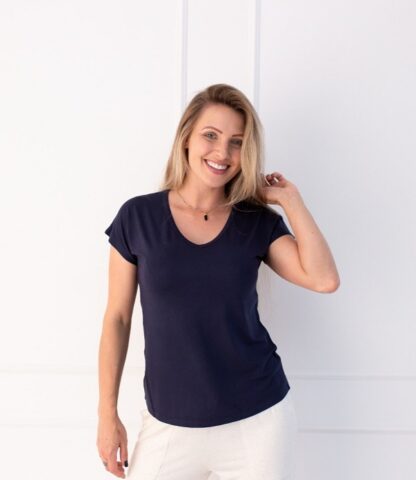 T-shirt Lisa Malha Viscose Elastano - Decote V - Marinho