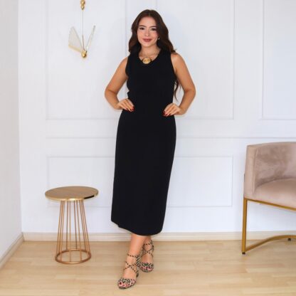 Vestido Midi Recortes Malha de Viscose Elastano - Preto