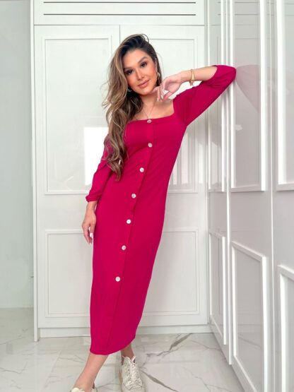 Vestido Midi Alongado em Malha de Viscose e Elastano Rosa