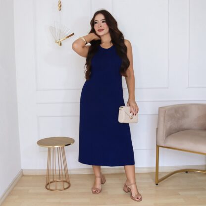 Vestido Midi Recortes Malha de Viscose Elastano -  Azul Carbono