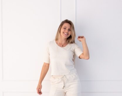 Cropped Malha de Viscose Linho e Elastano - Off White